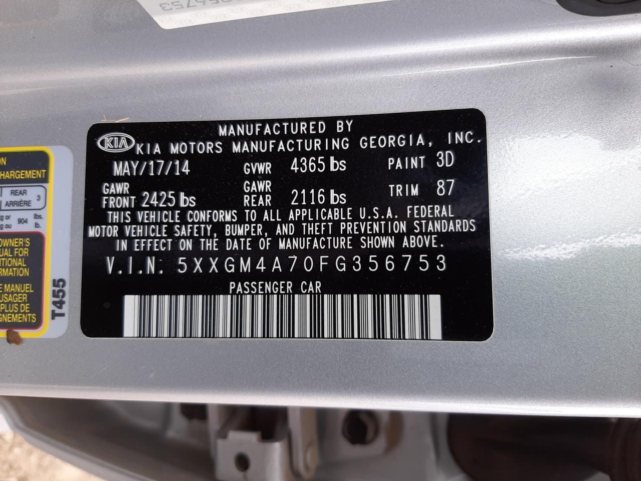 Photo 10 from auction – 2015 KIA OPTIMA LX with VIN 5XXGM4A70FG356753