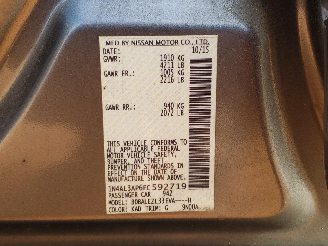 Photo 10 from auction – 2015 NISSAN ALTIMA 2.5 with VIN 1N4AL3AP6FC592719