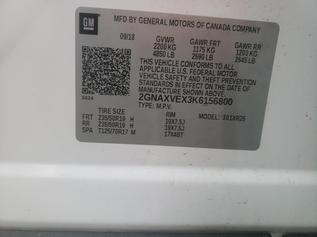 Photo 10 from auction – 2019 CHEVROLET EQUINOX LT with VIN 2GNAXVEX3K6156800