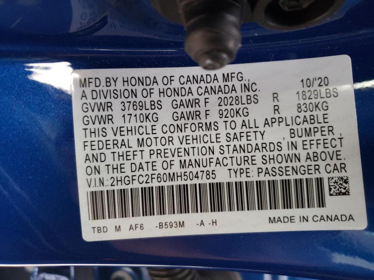 Photo 10 from auction – 2021 HONDA CIVIC LX with VIN 2HGFC2F60MH504785