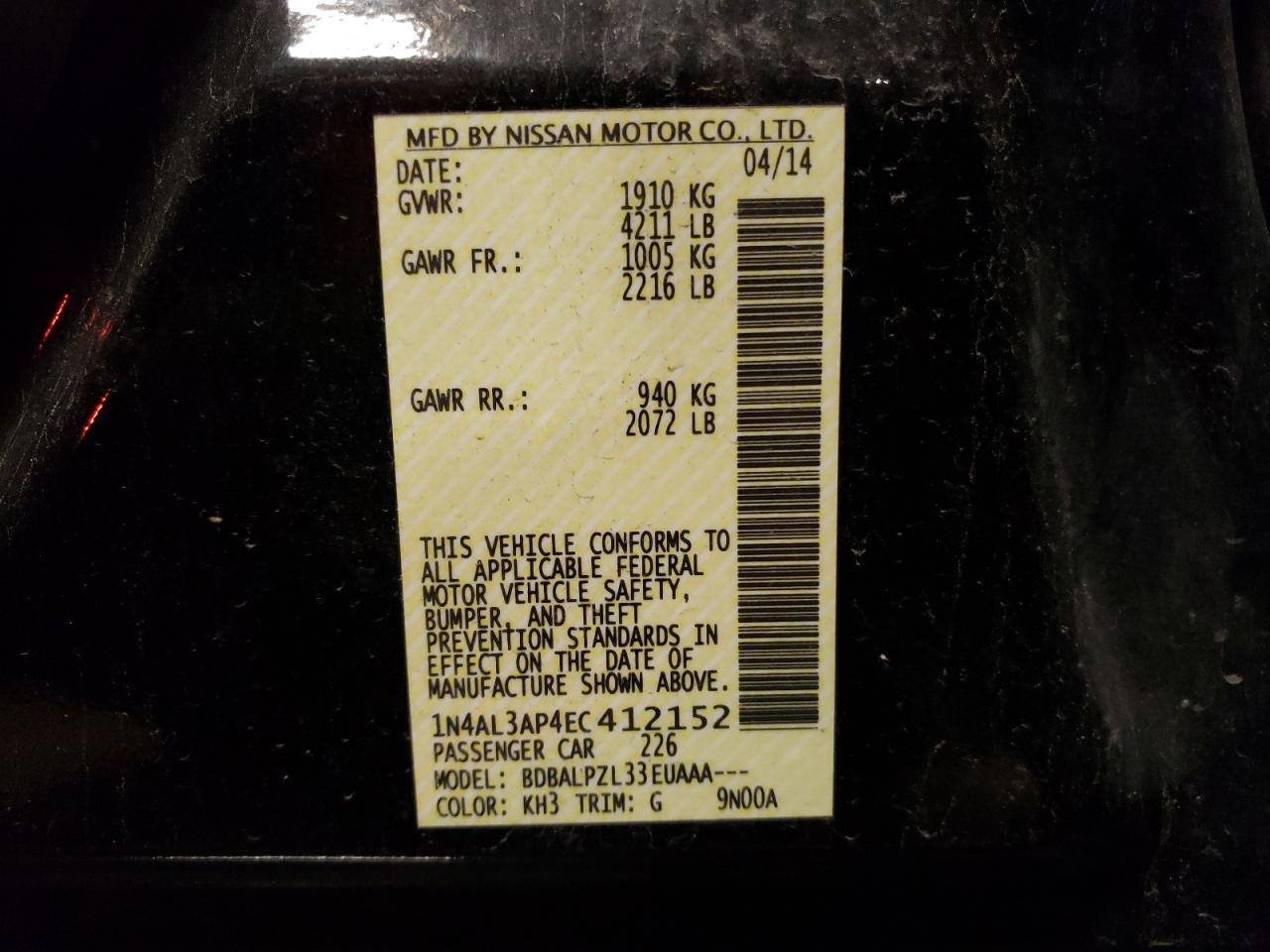 Photo 10 from auction – 2014 NISSAN ALTIMA 2.5 with VIN 1N4AL3AP4EC412152