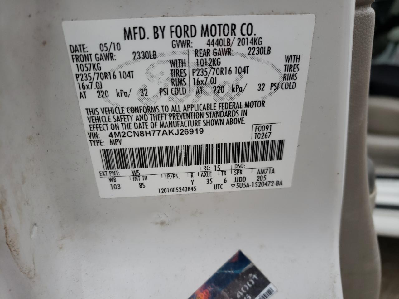 Photo 10 from auction – 2010 MERCURY MARINER PR with VIN 4M2CN8H77AKJ26919