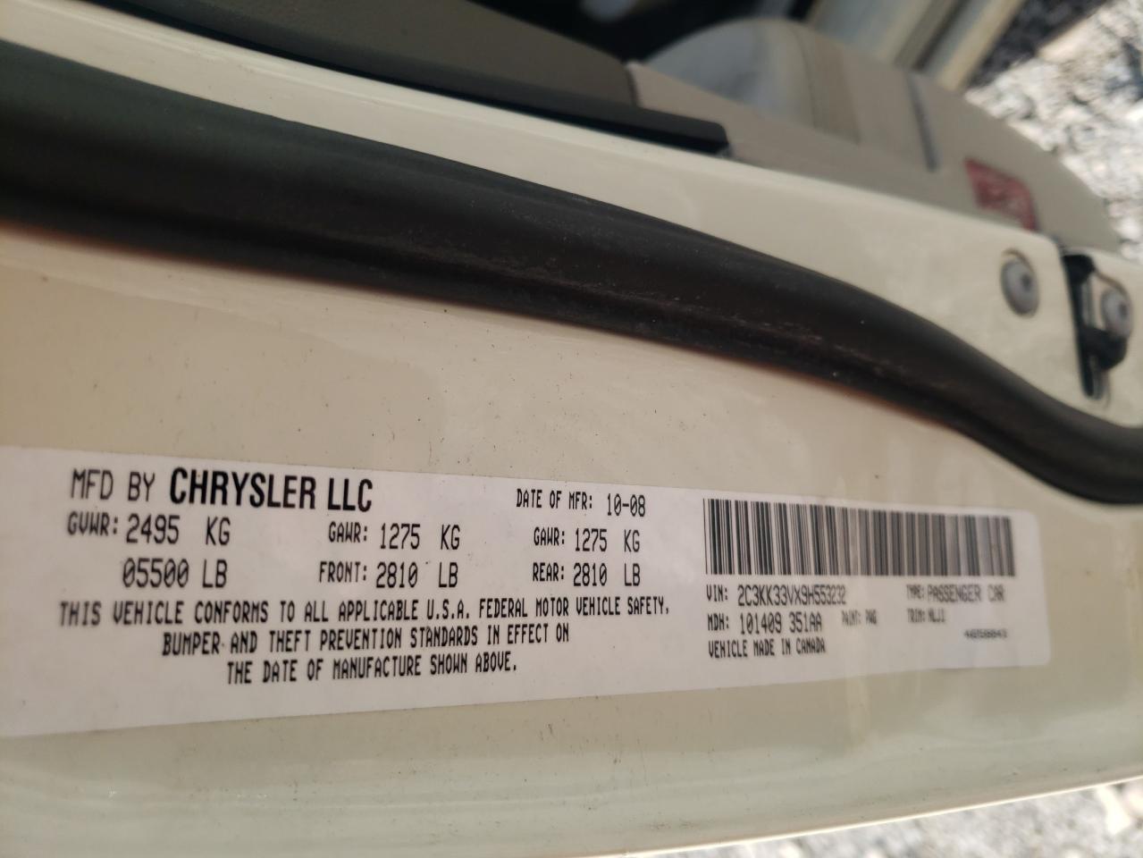 Photo 10 from auction – 2009 CHRYSLER 300 LIMITE with VIN 2C3KK33VX9H553232