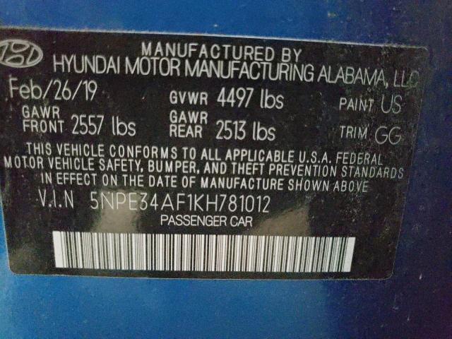 Photo 10 from auction – 2019 HYUNDAI SONATA LIM with VIN 5NPE34AF1KH781012