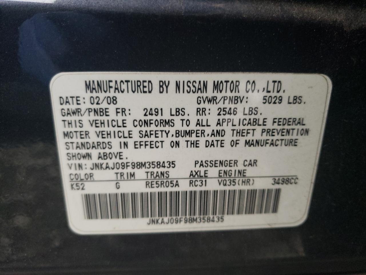 Photo 10 from auction – 2008 INFINITI EX35 BASE with VIN JNKAJ09F98M358435