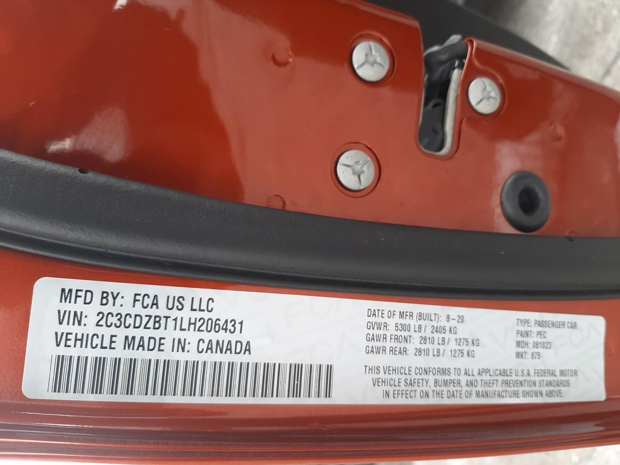 Photo 10 from auction – 2020 DODGE CHALLENGER with VIN 2C3CDZBT1LH206431