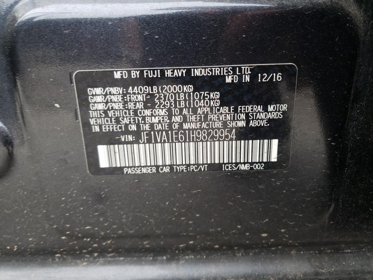 Photo 10 from auction – 2017 SUBARU WRX PREMIU with VIN JF1VA1E61H9829954