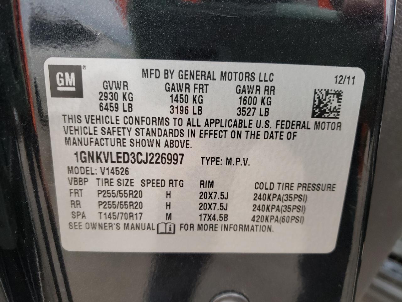 Photo 10 from auction – 2012 CHEVROLET TRAVERSE L with VIN 1GNKVLED3CJ226997