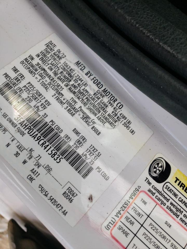Photo 10 from auction – 2012 FORD FUSION SEL with VIN 3FAHP0JA9CR415835