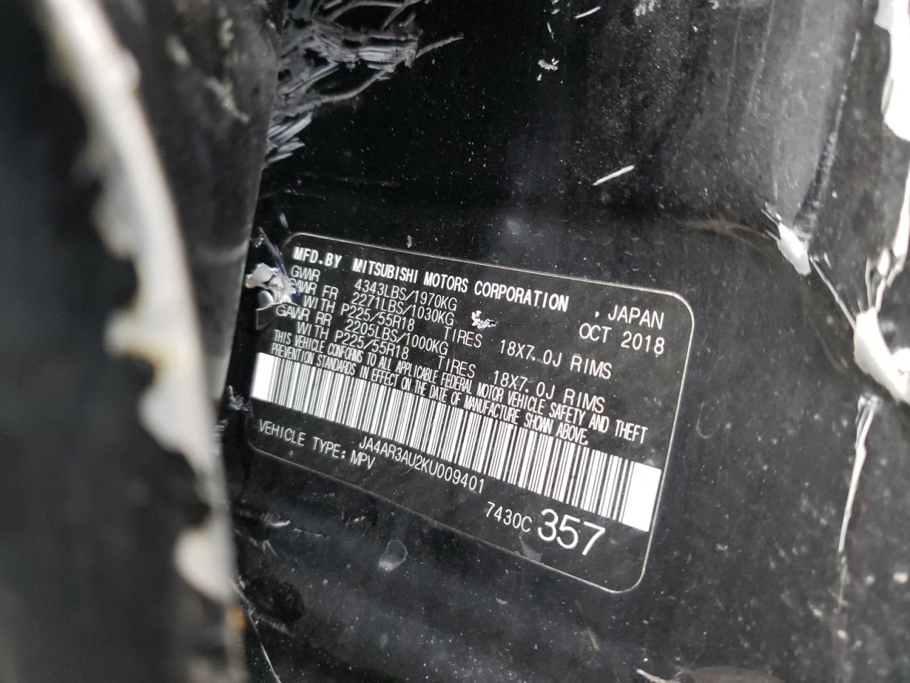 Photo 10 from auction – 2019 MITSUBISHI OUTLANDER with VIN JA4AR3AU2KU009401