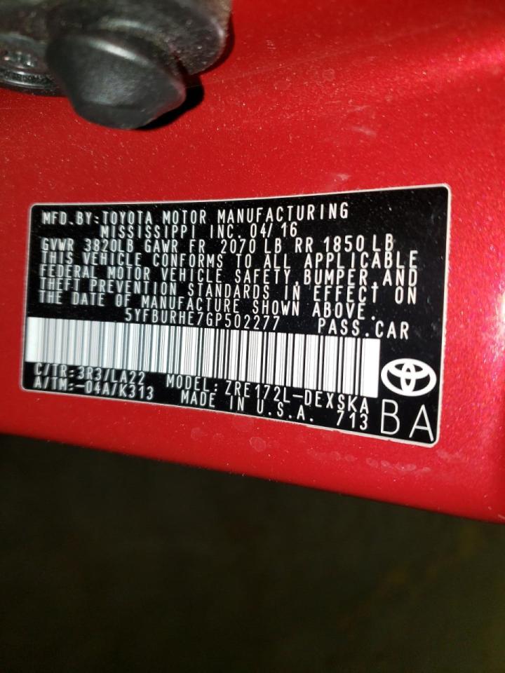 Photo 10 from auction – 2016 TOYOTA COROLLA L with VIN 5YFBURHE7GP502277