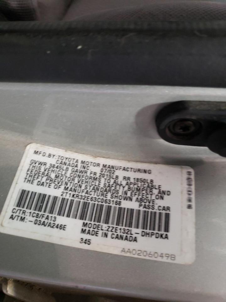 Foto 10 de la subasta – 2003 TOYOTA COROLLA MA con VIN 2T1KR32E63C063168