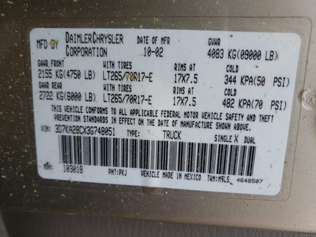 Photo 10 from auction – 2003 DODGE RAM 2500 S with VIN 3D7KA28CX3G748051