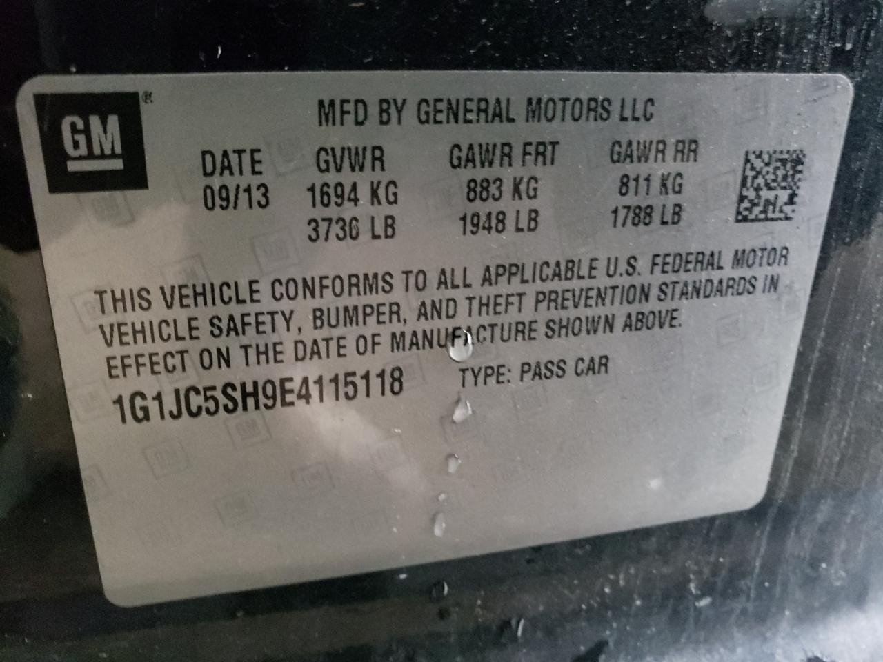 Photo 10 from auction – 2014 CHEVROLET SONIC LT with VIN 1G1JC5SH9E4115118