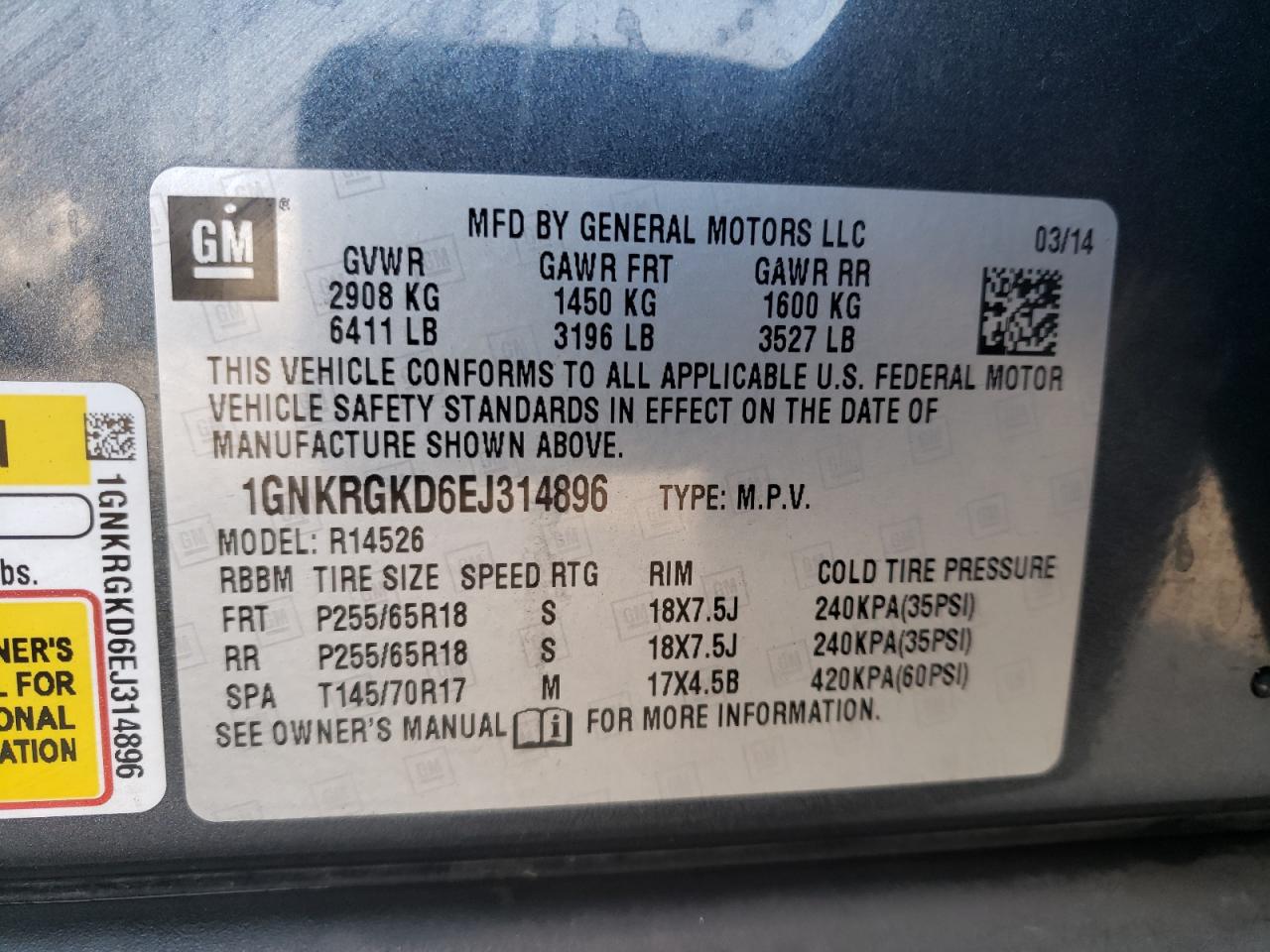 Photo 10 from auction – 2014 CHEVROLET TRAVERSE L with VIN 1GNKRGKD6EJ314896