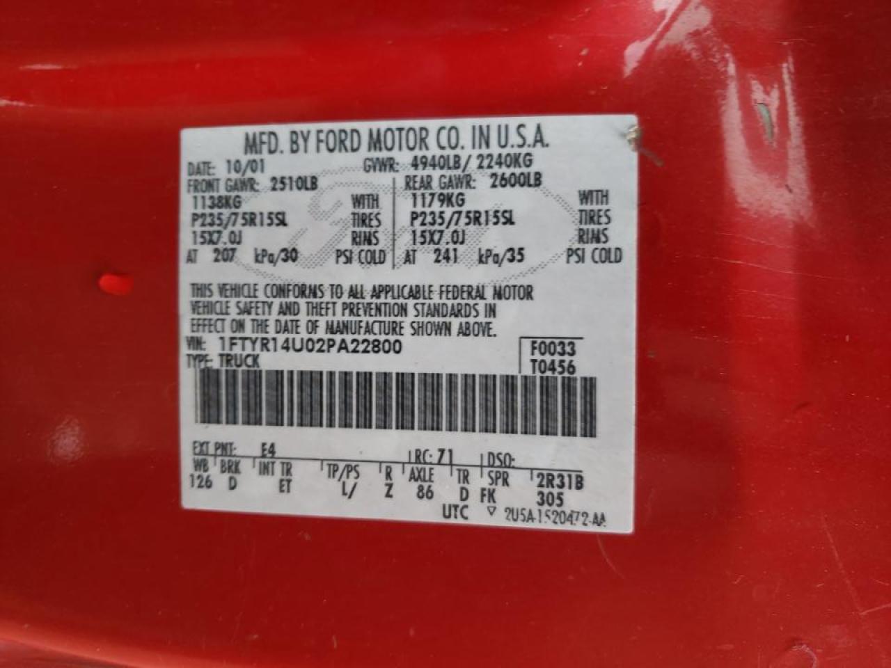 Photo 10 from auction – 2002 FORD RANGER SUP with VIN 1FTYR14U02PA22800