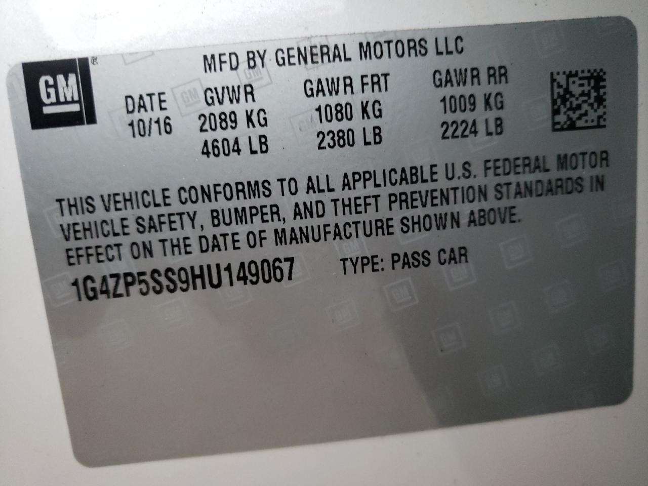 Photo 10 from auction – 2017 BUICK LACROSSE E with VIN 1G4ZP5SS9HU149067