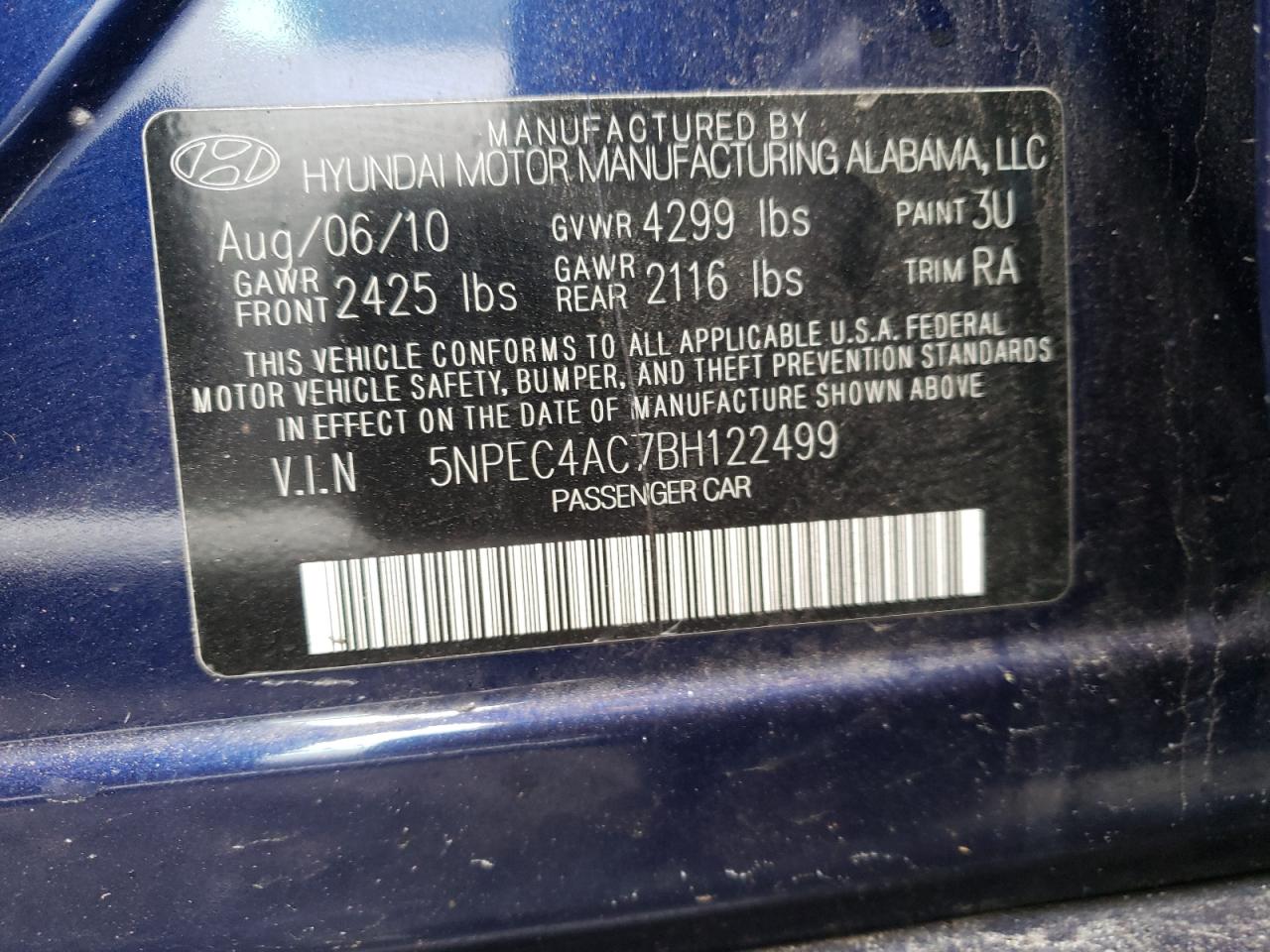 Zdjęcie 10 z aukcji – 2011 HYUNDAI SONATA SE z VIN 5NPEC4AC7BH122499