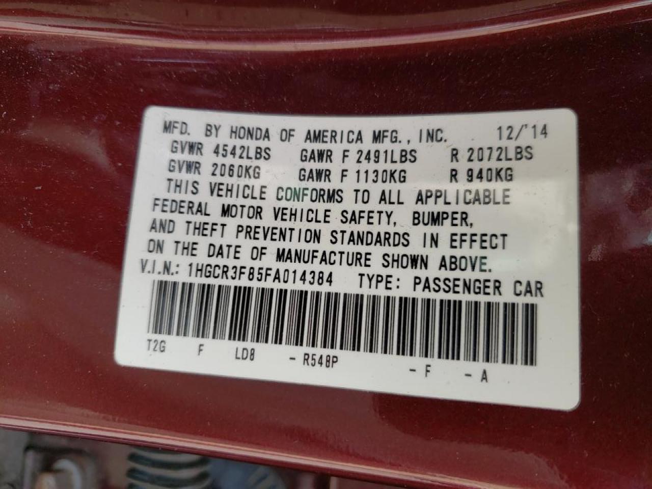 Photo 10 from auction – 2015 HONDA ACCORD EXL with VIN 1HGCR3F85FA014384