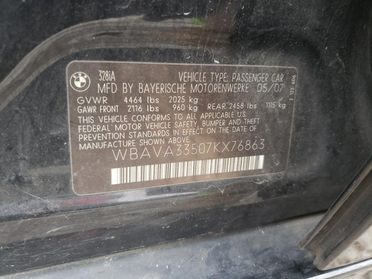 Photo 10 from auction – 2007 BMW 328 I with VIN WBAVA33507KX76863