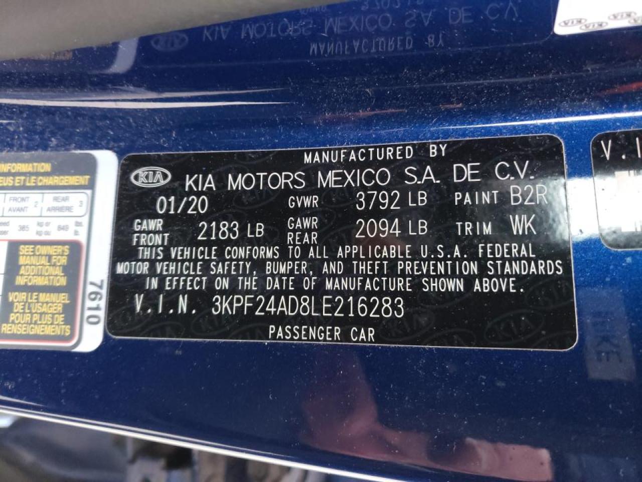 Photo 10 from auction – 2020 KIA FORTE FE with VIN 3KPF24AD8LE216283