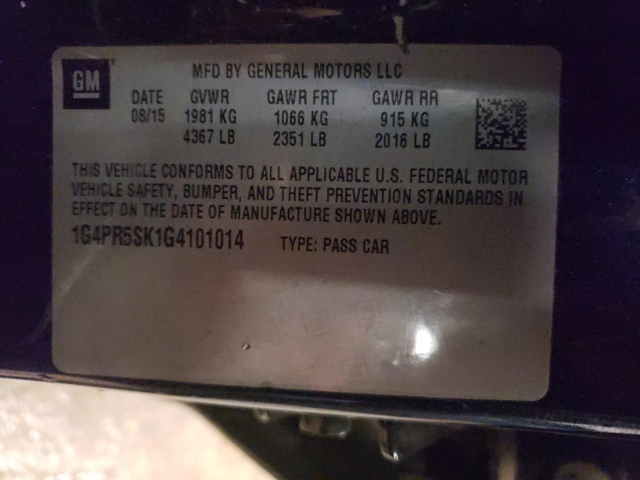 Photo 10 from auction – 2016 BUICK VERANO CON with VIN 1G4PR5SK1G4101014
