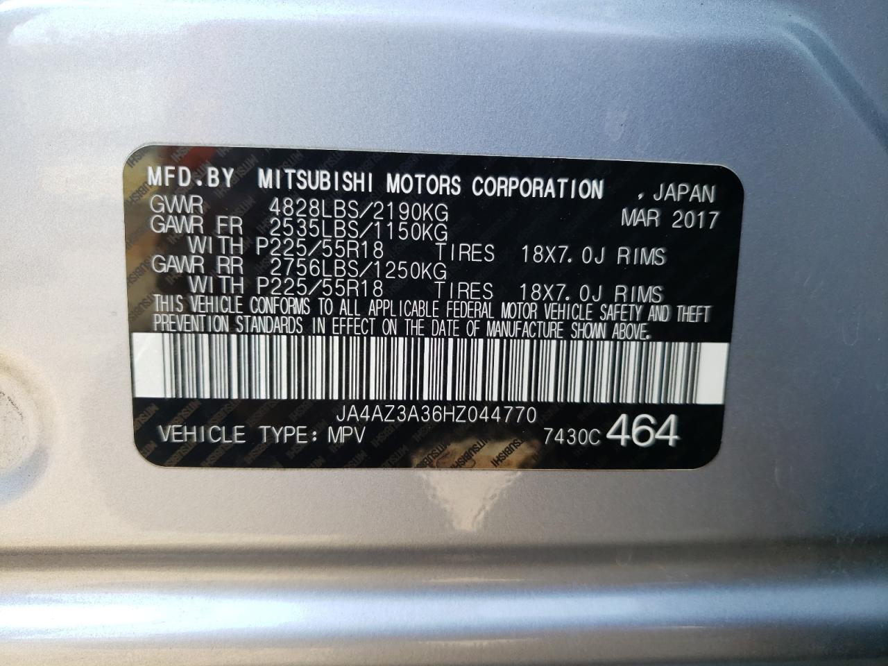 Photo 10 from auction – 2017 MITSUBISHI OUTLANDER with VIN JA4AZ3A36HZ044770