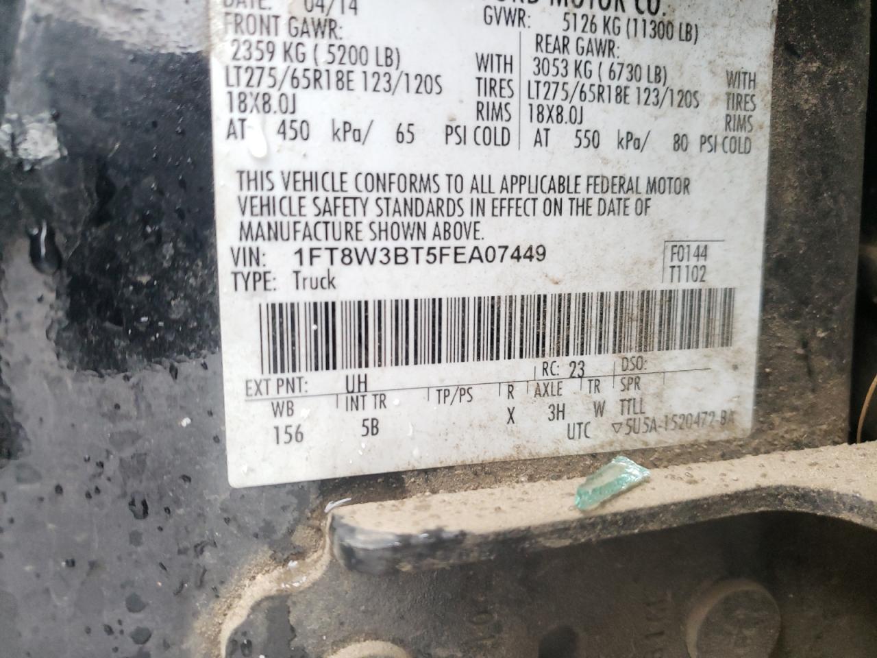 Photo 10 from auction – 2015 FORD F350 SUPER with VIN 1FT8W3BT5FEA07449