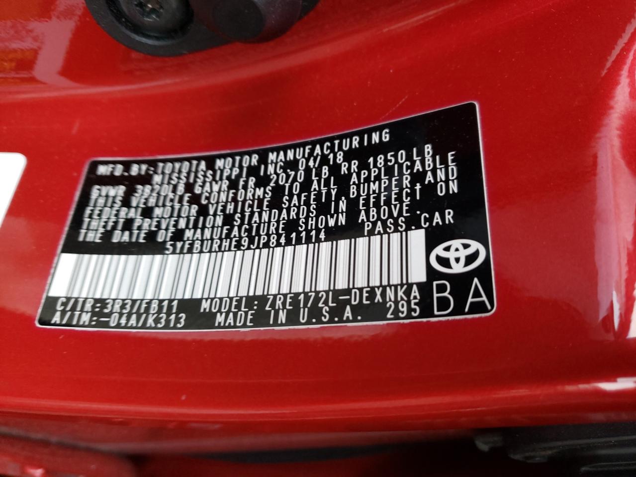 Photo 10 from auction – 2018 TOYOTA COROLLA L with VIN 5YFBURHE9JP841114