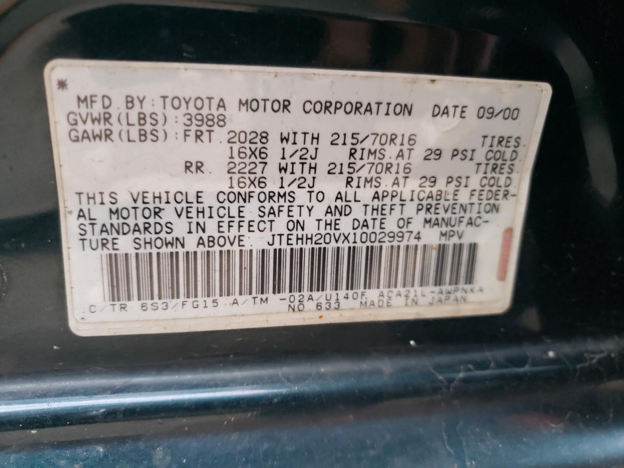 Photo 10 from auction – 2001 TOYOTA RAV4 with VIN JTEHH20VX10029974