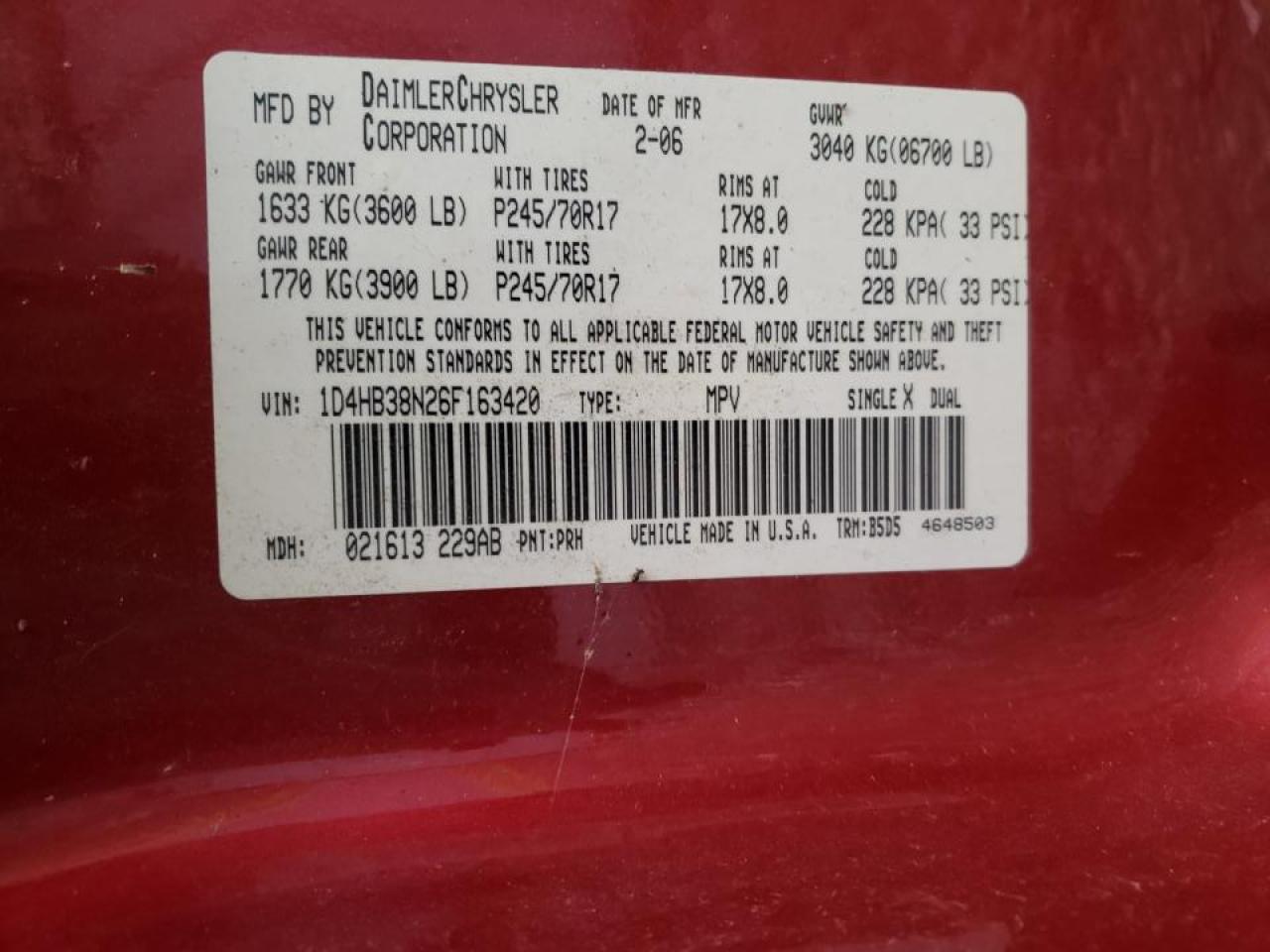 Photo 10 from auction – 2006 DODGE DURANGO with VIN 1D4HB38N26F163420