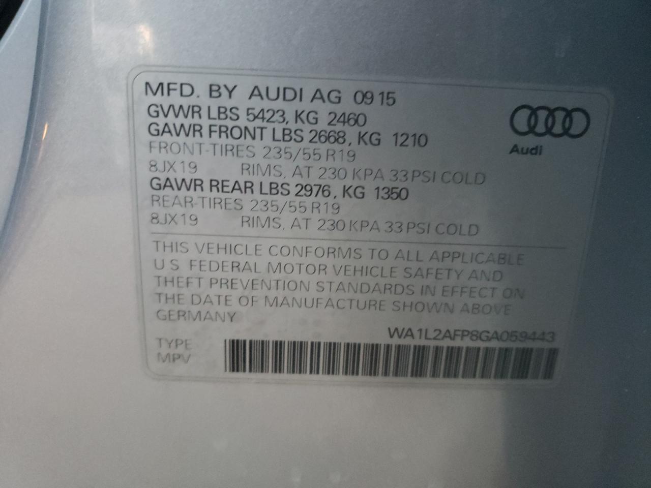 Photo 10 from auction – 2016 AUDI Q5 PREMIUM with VIN WA1L2AFP8GA059443