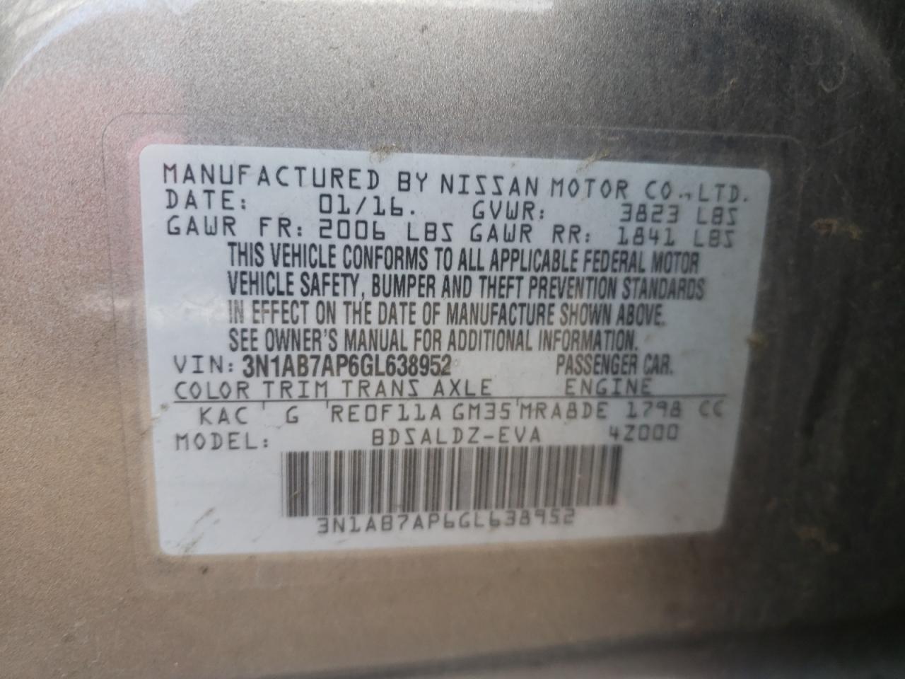 Photo 10 from auction – 2016 NISSAN SENTRA S with VIN 3N1AB7AP6GL638952