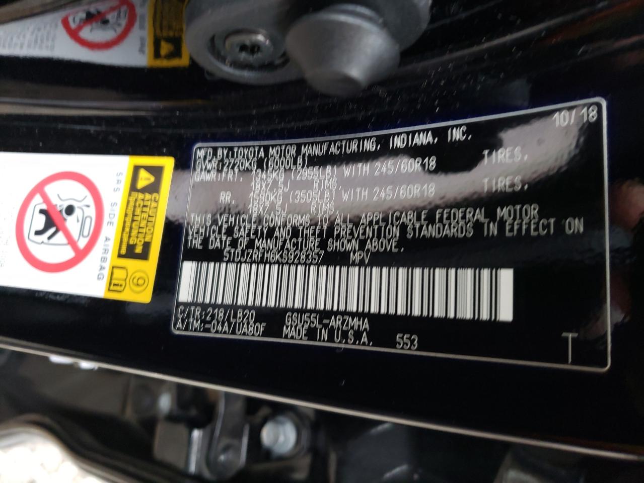 Photo 10 from auction – 2019 TOYOTA HIGHLANDER with VIN 5TDJZRFH6KS928357