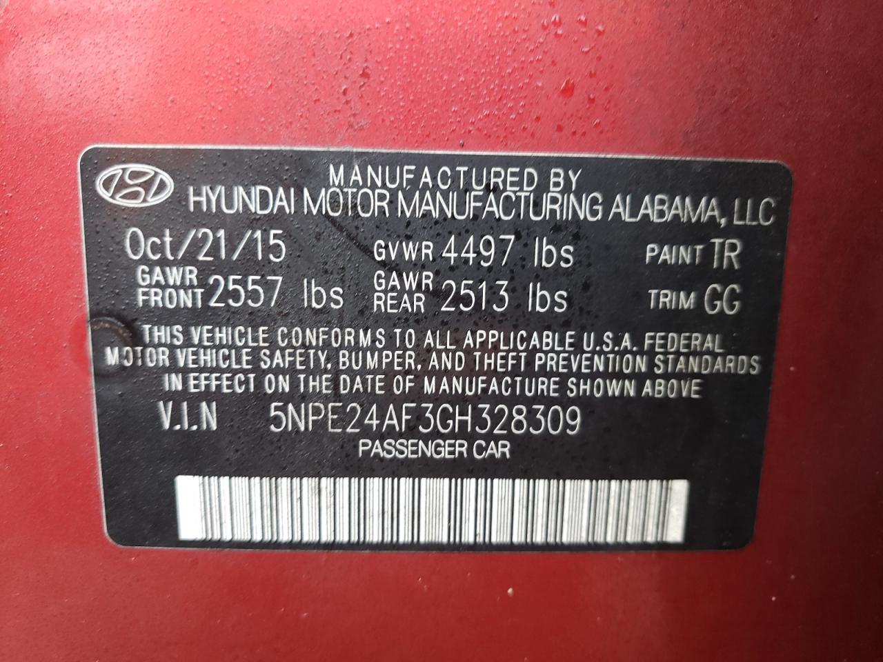 Photo 10 from auction – 2016 HYUNDAI SONATA SE with VIN 5NPE24AF3GH328309