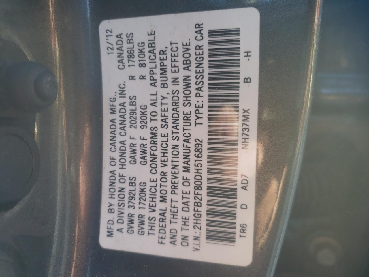 Photo 10 from auction – 2013 HONDA CIVIC EX with VIN 2HGFB2F80DH516892