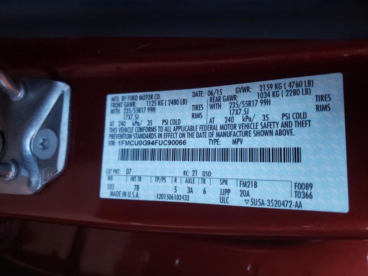 Photo 10 from auction – 2015 FORD ESCAPE SE with VIN 1FMCU0G94FUC90066
