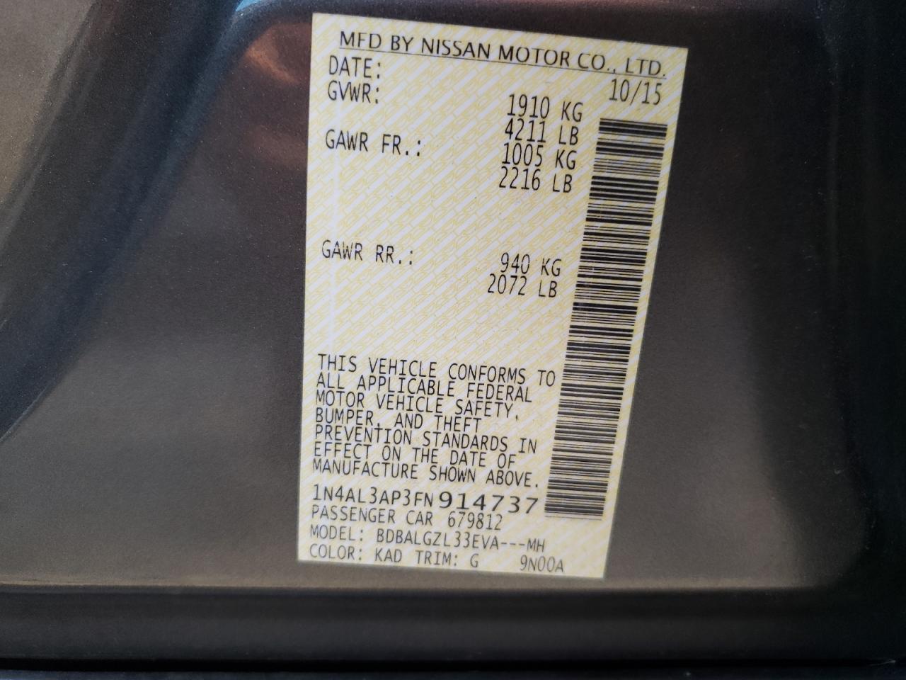 Photo 10 from auction – 2015 NISSAN ALTIMA 2.5 with VIN 1N4AL3AP3FN914737