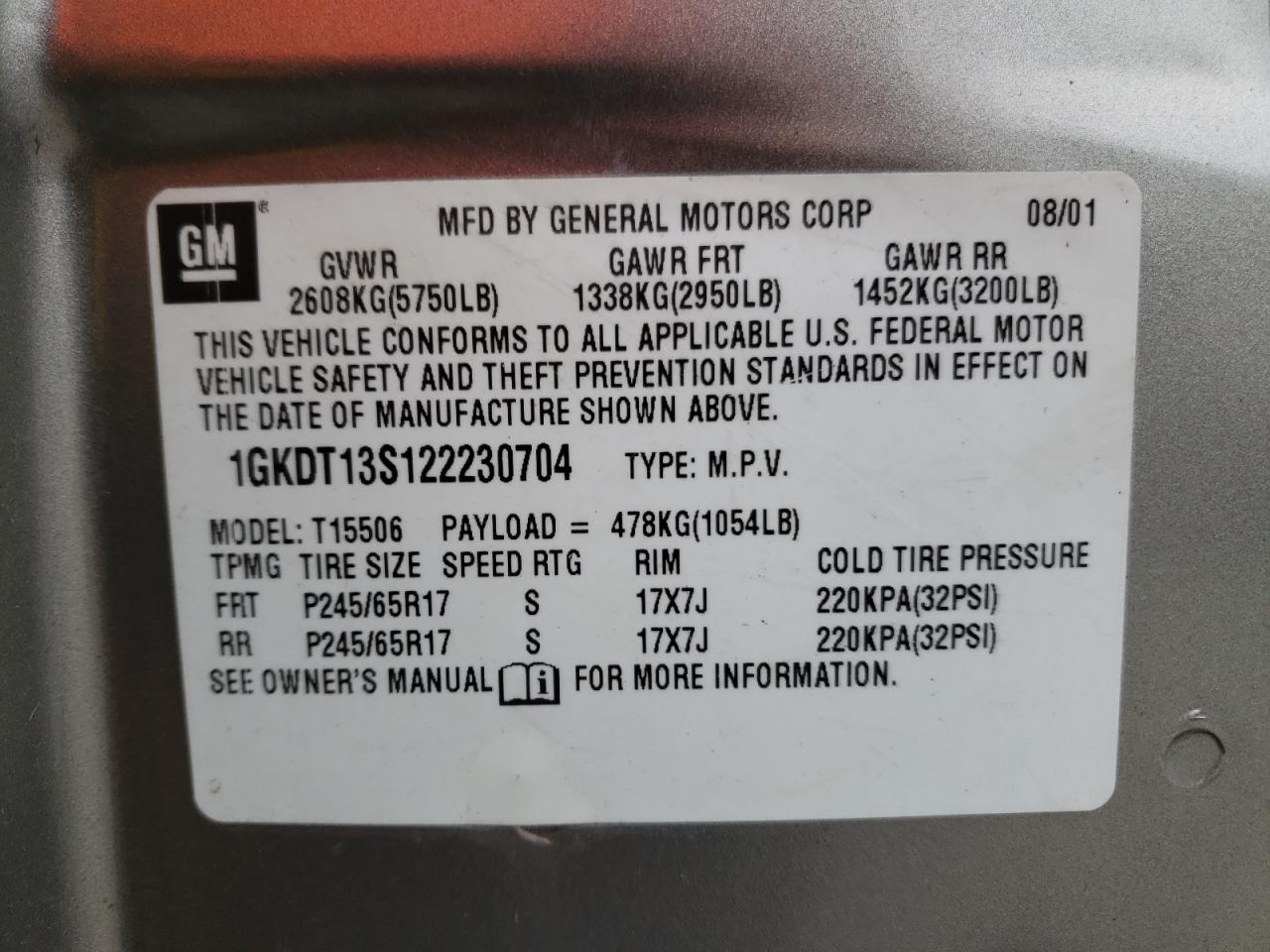 Photo 10 from auction – 2002 GMC ENVOY with VIN 1GKDT13S122230704
