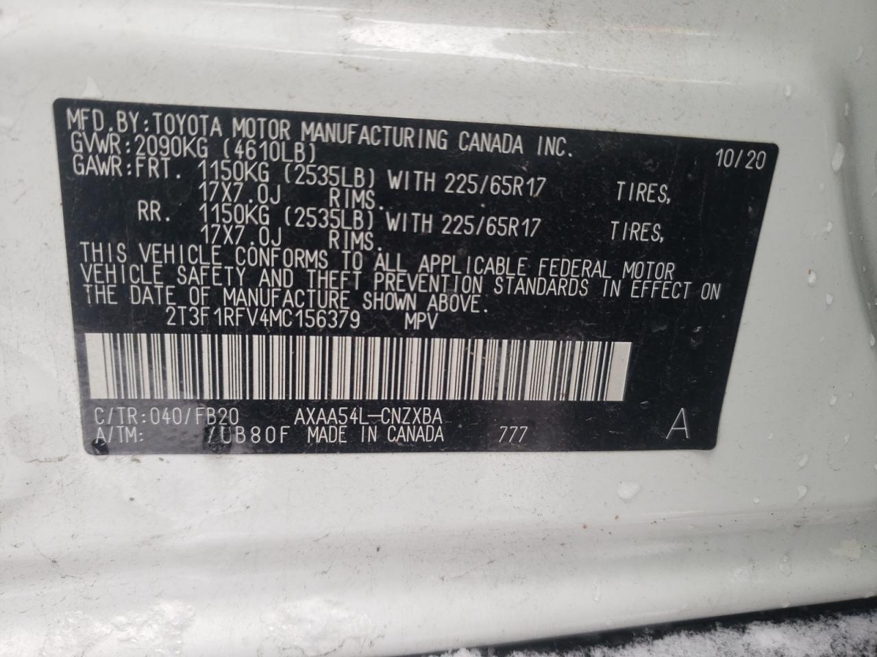 Photo 10 from auction – 2021 TOYOTA RAV4 LE with VIN 2T3F1RFV4MC156379