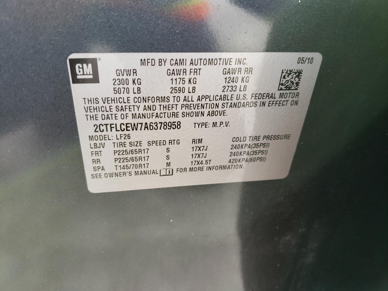 Photo 10 from auction – 2010 GMC TERRAIN SL with VIN 2CTFLCEW7A6378958