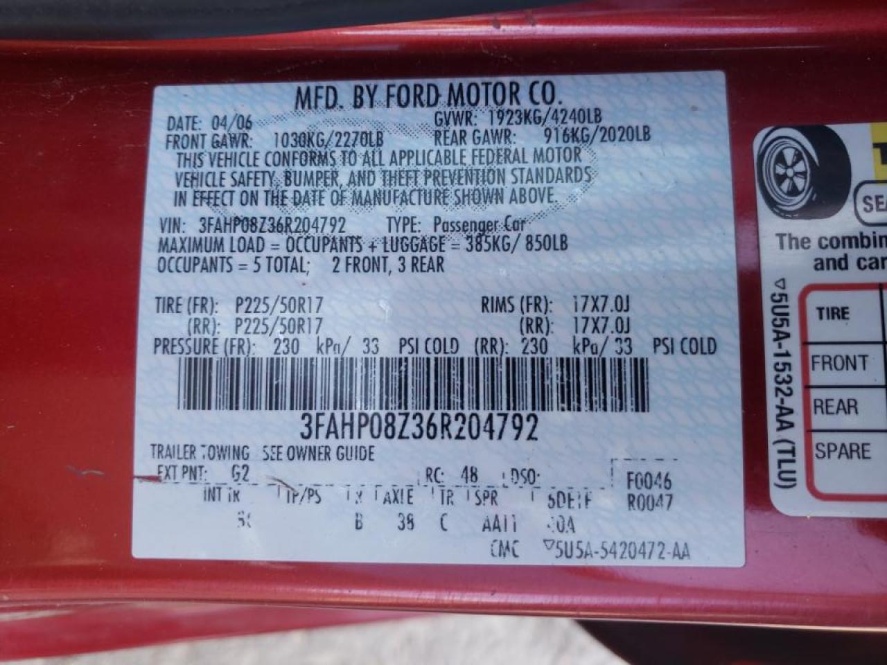 Photo 10 from auction – 2006 FORD FUSION SEL with VIN 3FAHP08Z36R204792