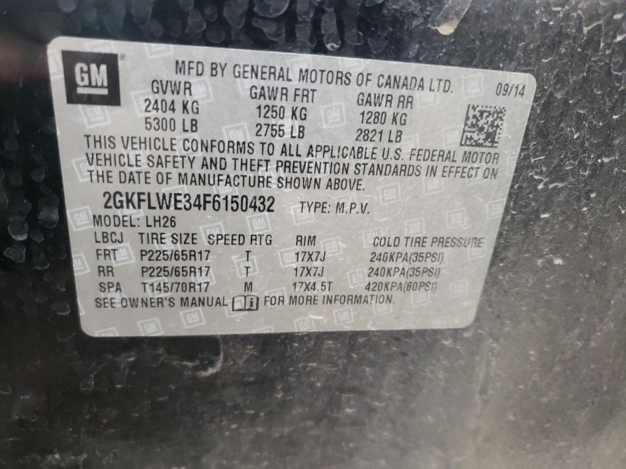 Photo 10 from auction – 2015 GMC TERRAIN SL with VIN 2GKFLWE34F6150432