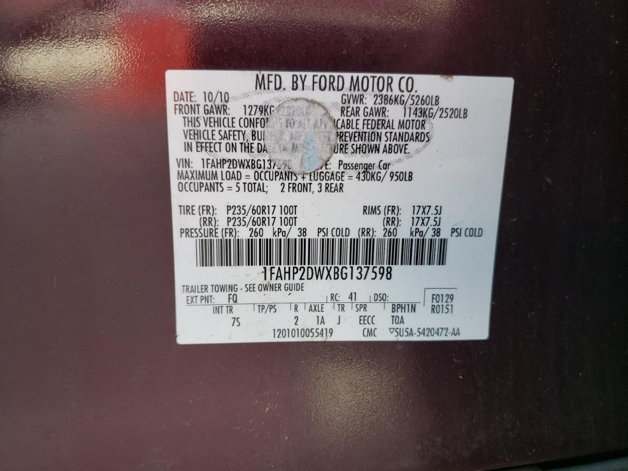 Фото 10 с аукциона – 2011 FORD TAURUS SE с VIN 1FAHP2DWXBG137598