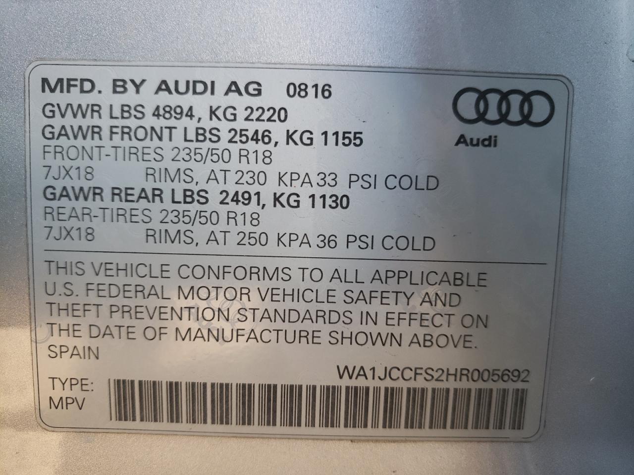 Photo 10 from auction – 2017 AUDI Q3 PREMIUM with VIN WA1JCCFS2HR005692