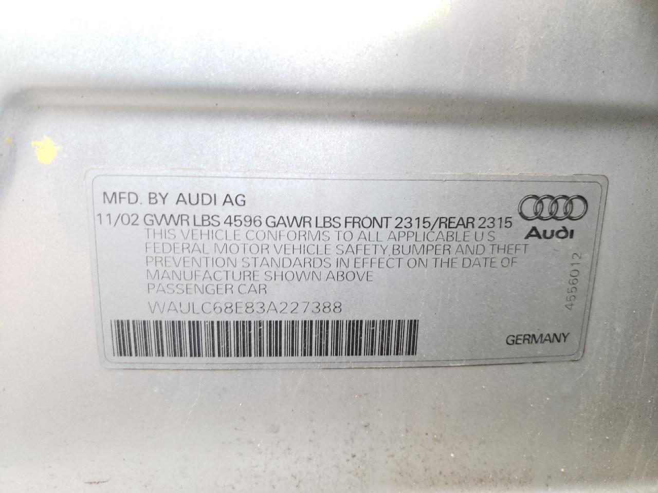 Photo 10 from auction – 2003 AUDI A4 1.8T QU with VIN WAULC68E83A227388