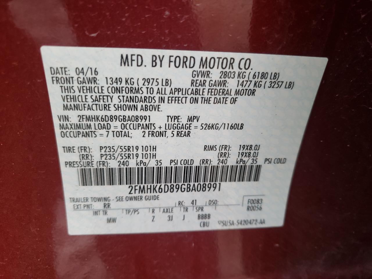 Photo 10 from auction – 2016 FORD FLEX LIMIT with VIN 2FMHK6D89GBA08991