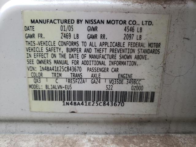 Photo 10 from auction – 2005 NISSAN MAXIMA SE with VIN 1N4BA41E25C843670