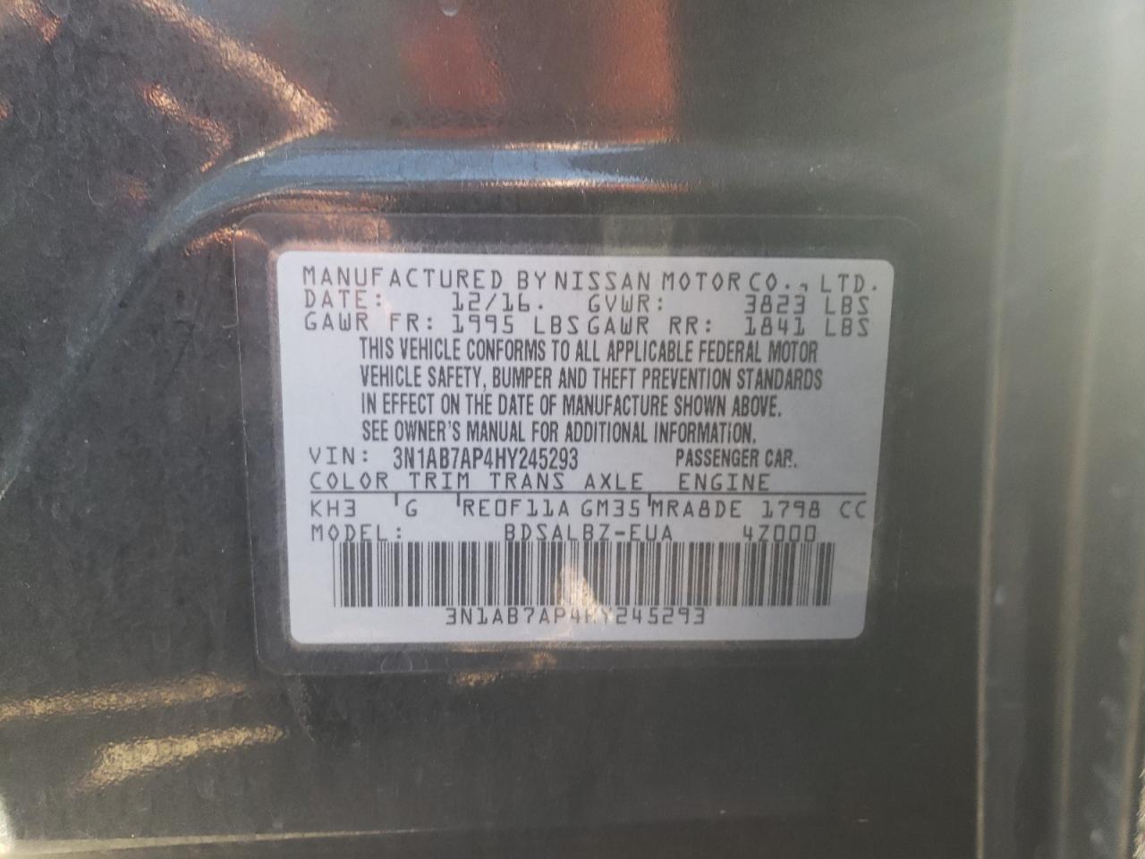 Photo 10 from auction – 2017 NISSAN SENTRA S with VIN 3N1AB7AP4HY245293