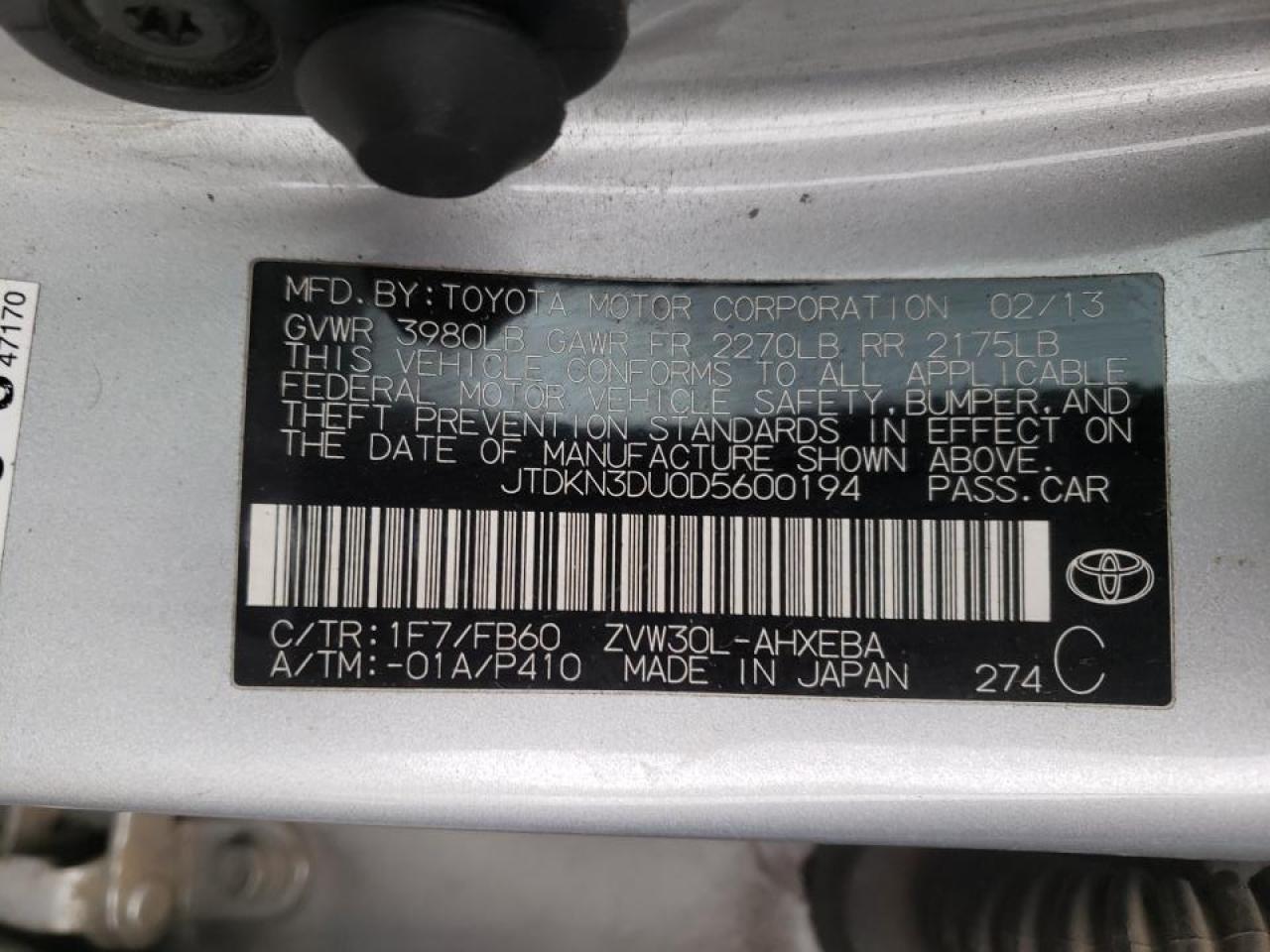 Photo 10 from auction – 2013 TOYOTA PRIUS with VIN JTDKN3DU0D5600194